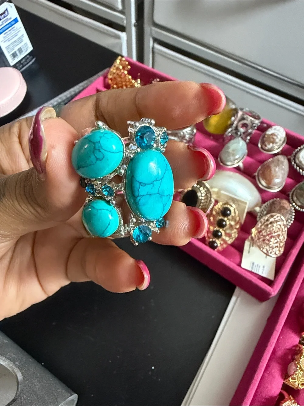 Turquoise Stone Cluster Statement Ring - Blue Accent